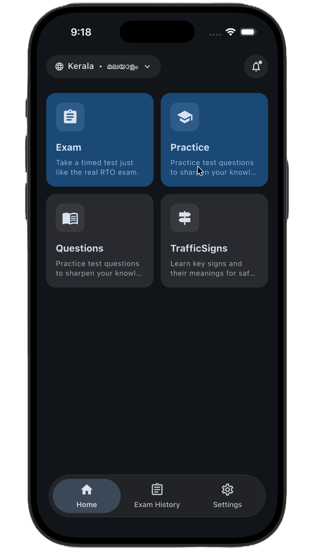 Learn RTO home screen with Exam, Practice, Questions, and Traffic Signs shortcuts