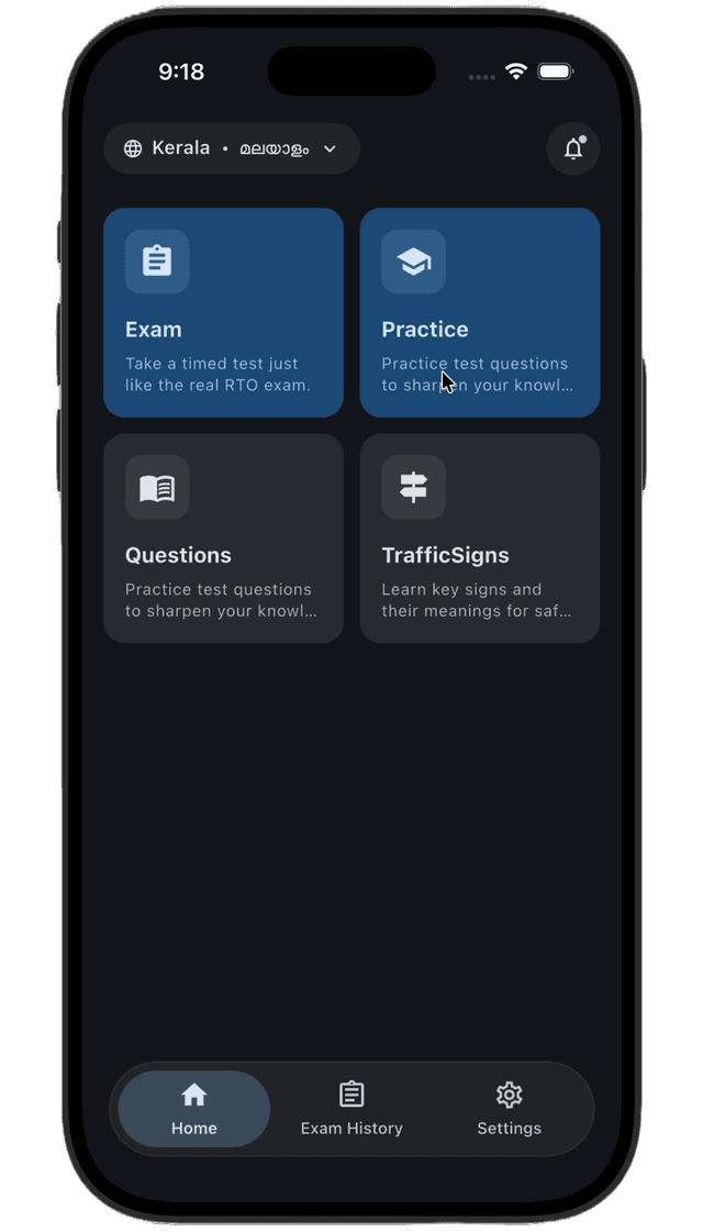 Learn RTO app showing a practice test on an iPhone